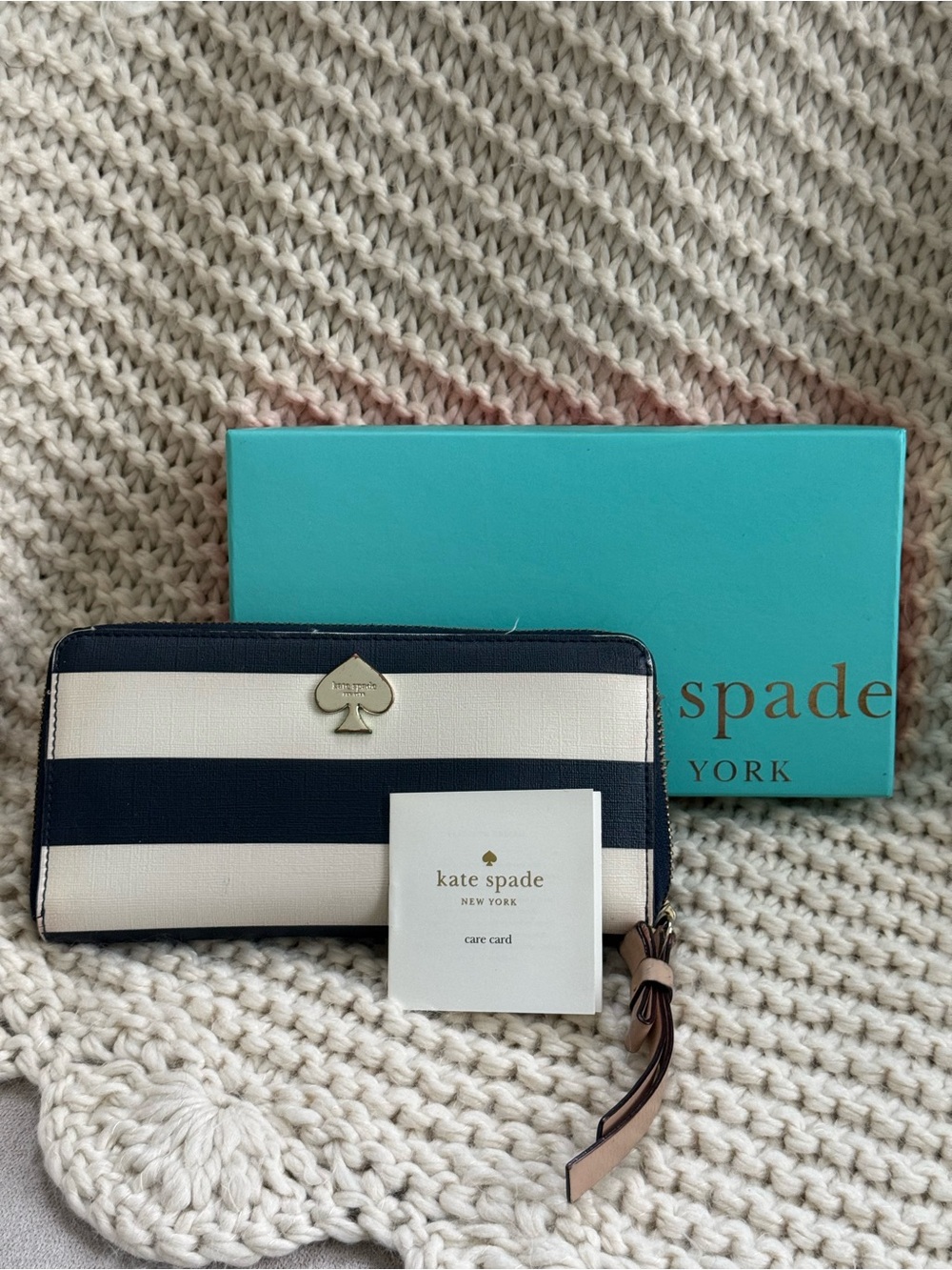 kate spade Navy and White Striped Zip-Around Leather Wallet with Gold Spade